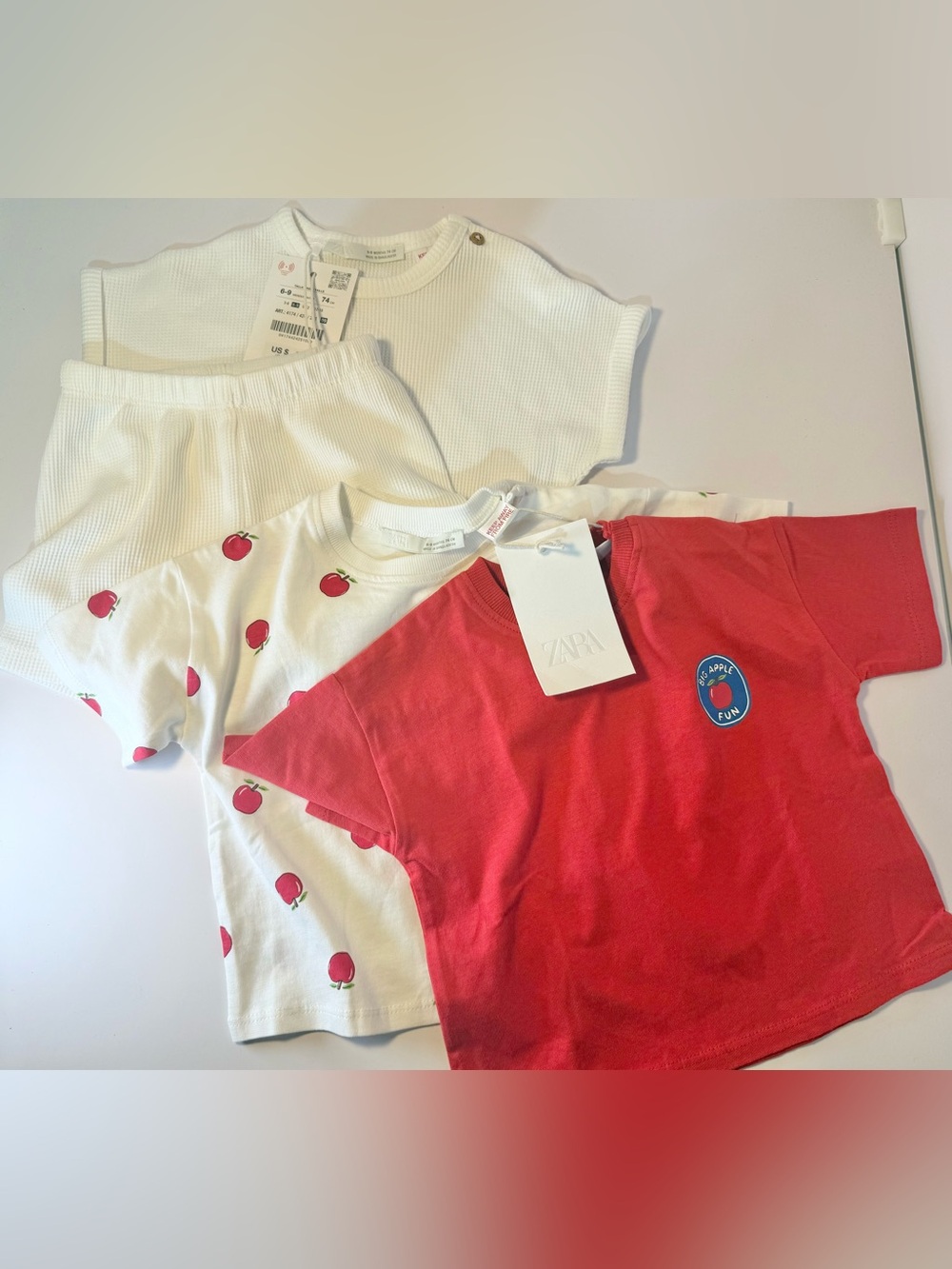 Zara Kids White & Red Apple tshirts and matching waffle T-shirt & Bermuda shorts